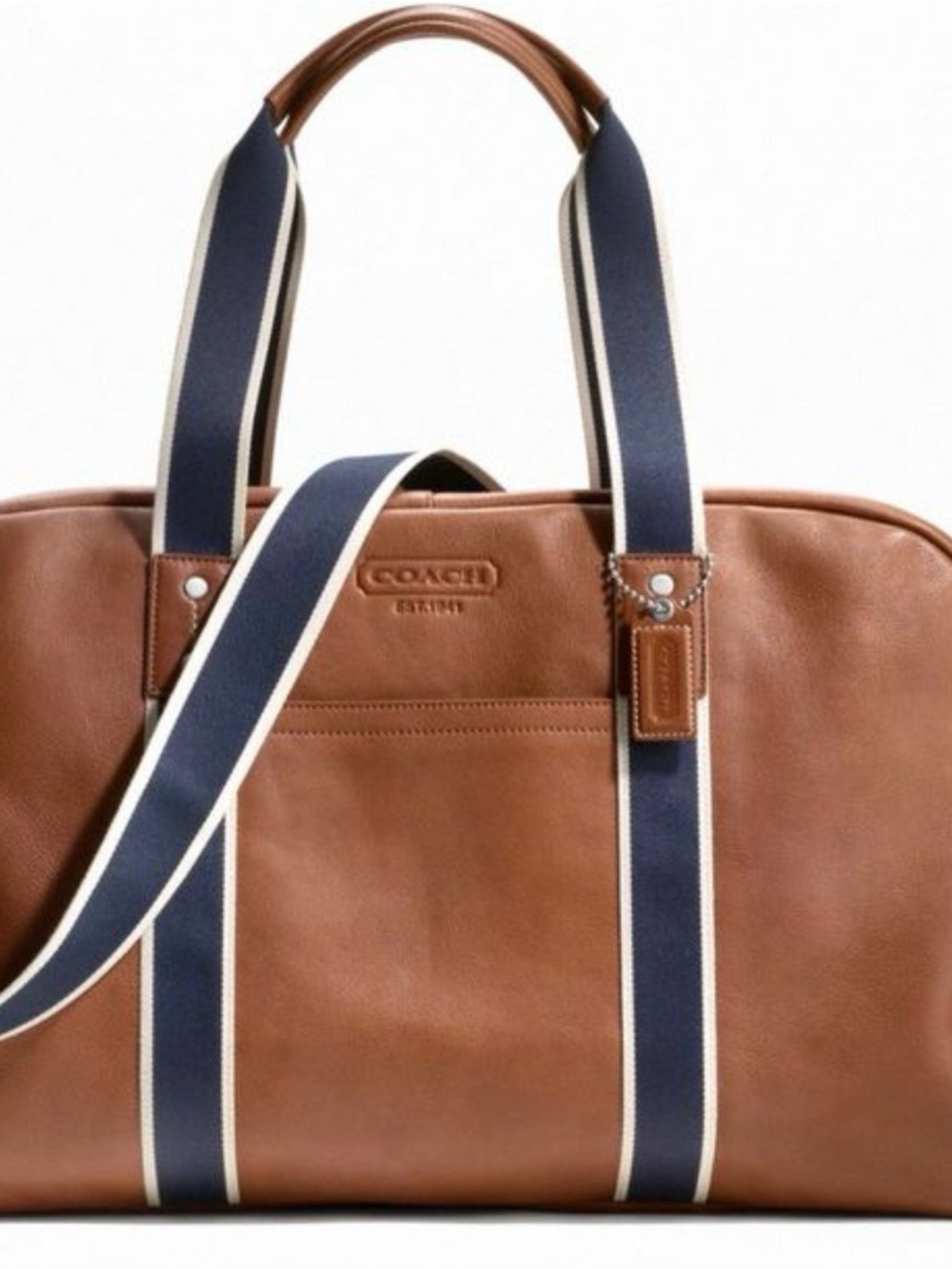 Coach Tan Leather Duffel with Navy and White Straps